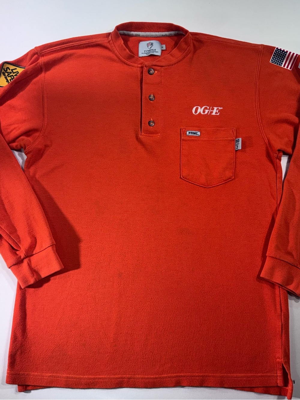 TYNDALE Men's LS 3-Button Orange Henley Pocket Shirt, ‘OG&E’ Logo, FR Rated ,Sz